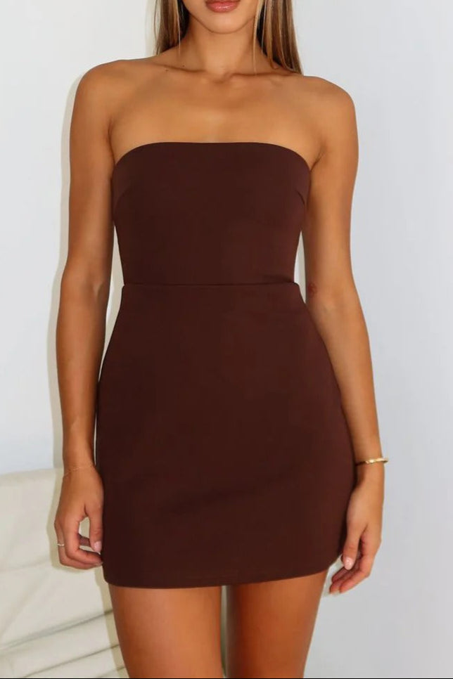 AIIZIE BACKLESS STRAPLESS SLIM MINI DRESS IN BROWN - product image
