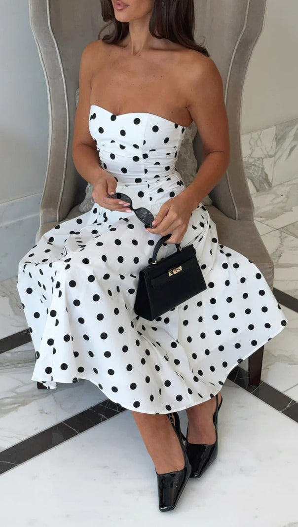 AIIZIE SANDRA POLKA DOT STRAPLESS MIDI DRESS IN WHITE - product image