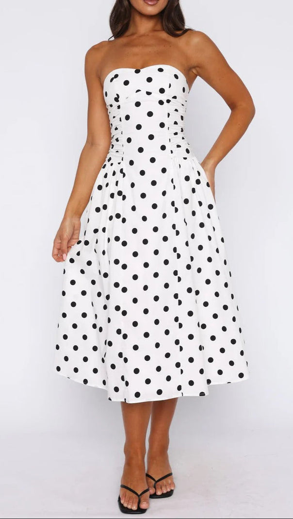 AIIZIE SANDRA POLKA DOT STRAPLESS MIDI DRESS IN WHITE - product image