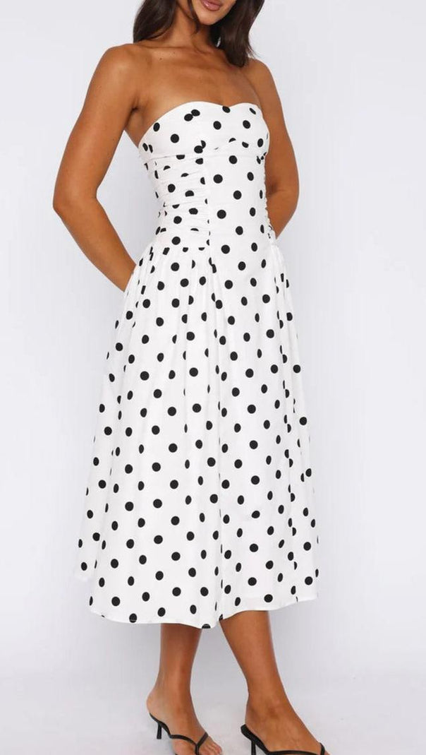 AIIZIE SANDRA POLKA DOT STRAPLESS MIDI DRESS IN WHITE - product image