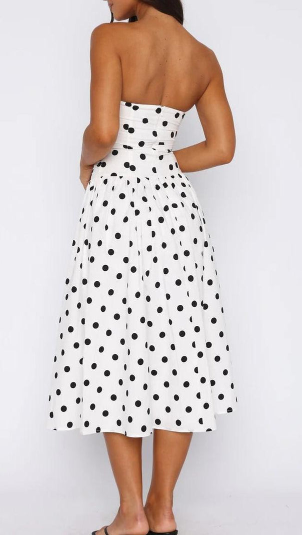 AIIZIE SANDRA POLKA DOT STRAPLESS MIDI DRESS IN WHITE - product image
