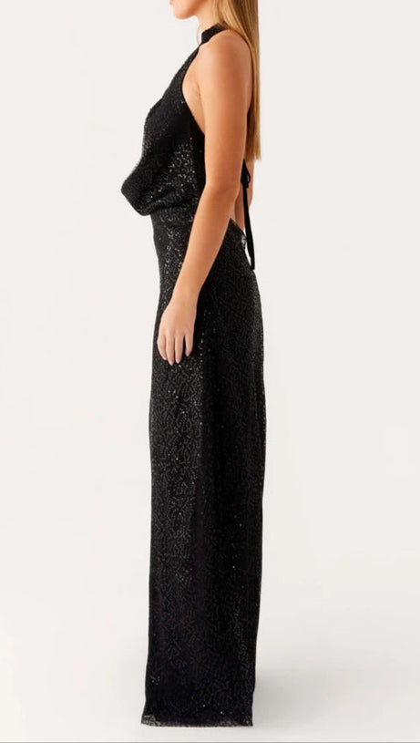 SEQUIN CUTOUT HALTER BACKLESS MAXI DRESS IN BLACK
