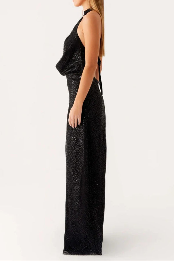 AIIZIE SEQUIN CUTOUT HALTER BACKLESS MAXI DRESS IN BLACK - product image