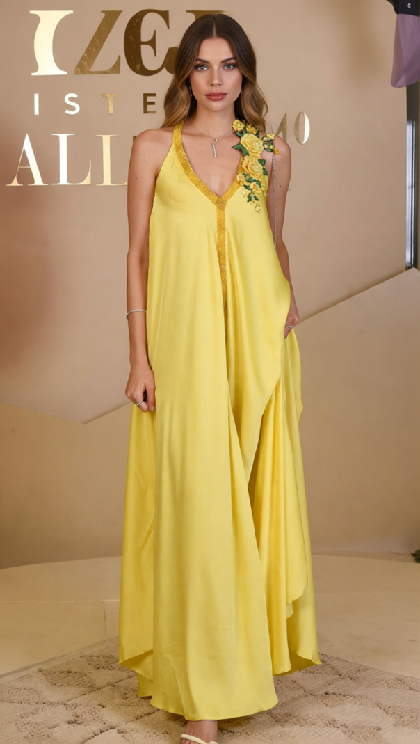 AIIZIE Inge Radiant Yellow Halter Maxi Dress with 3D Floral Appliques - Chic Flowy Gown - product image