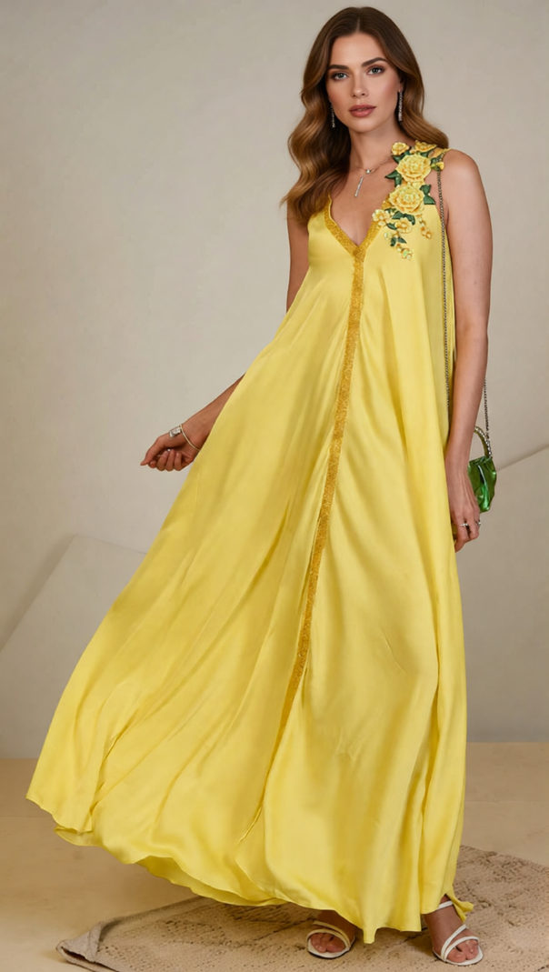 AIIZIE Inge Radiant Yellow Halter Maxi Dress with 3D Floral Appliques - Chic Flowy Gown - product image
