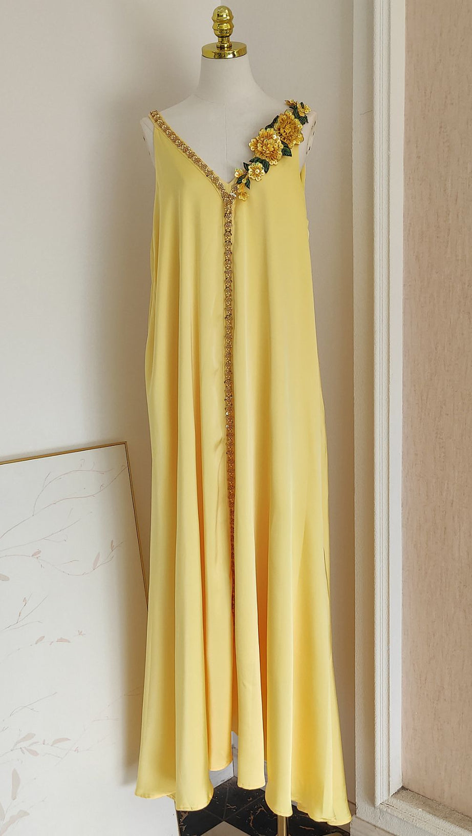 Inge Radiant Yellow Halter Maxi Dress with 3D Floral Appliques - Chic Flowy Gown