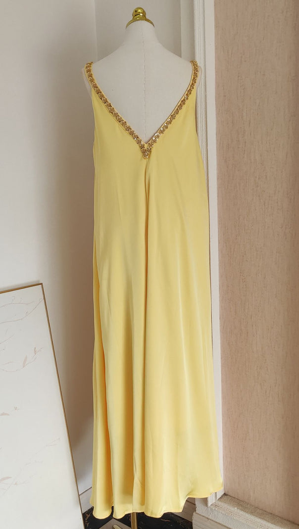 AIIZIE Inge Radiant Yellow Halter Maxi Dress with 3D Floral Appliques - Chic Flowy Gown - product image