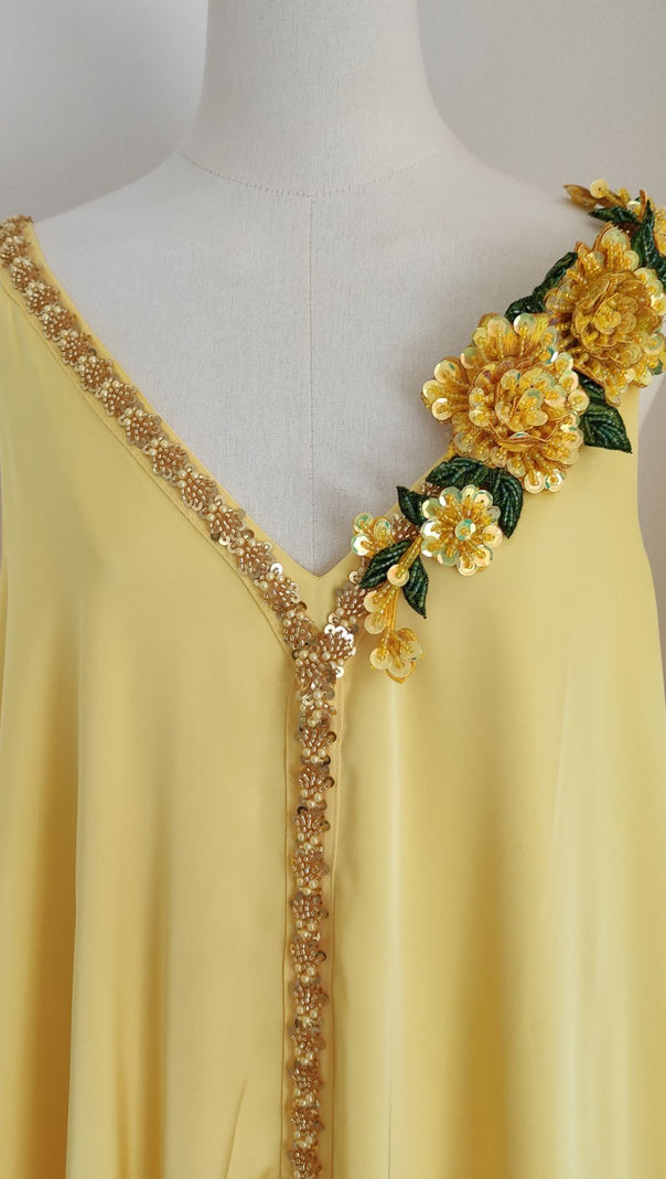 AIIZIE Inge Radiant Yellow Halter Maxi Dress with 3D Floral Appliques - Chic Flowy Gown - product image