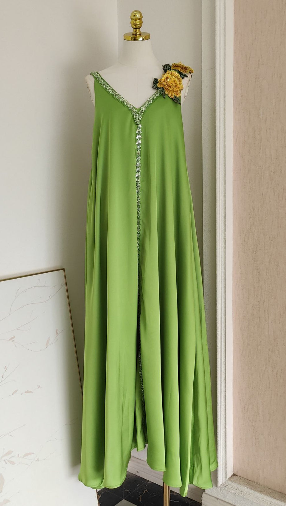 Inge Radiant Yellow Halter Maxi Dress with 3D Floral Appliques - Chic Flowy Gown