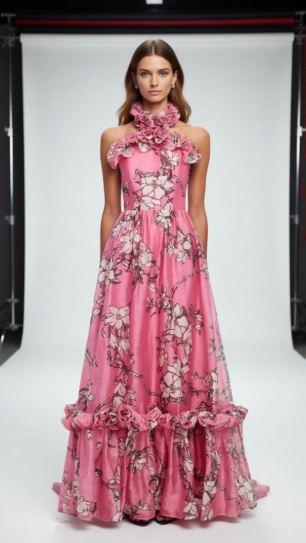 AIIZIE Isabelle Floral Ruffled Halter Maxi Dress - Vibrant Pink Elegance - product image