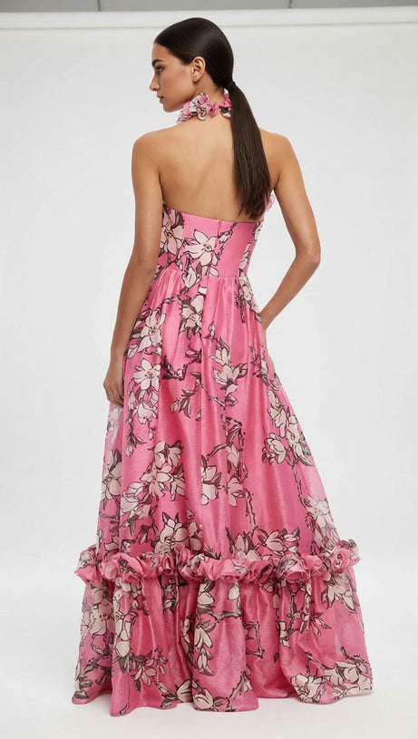 Isabelle Floral Ruffled Halter Maxi Dress - Vibrant Pink Elegance