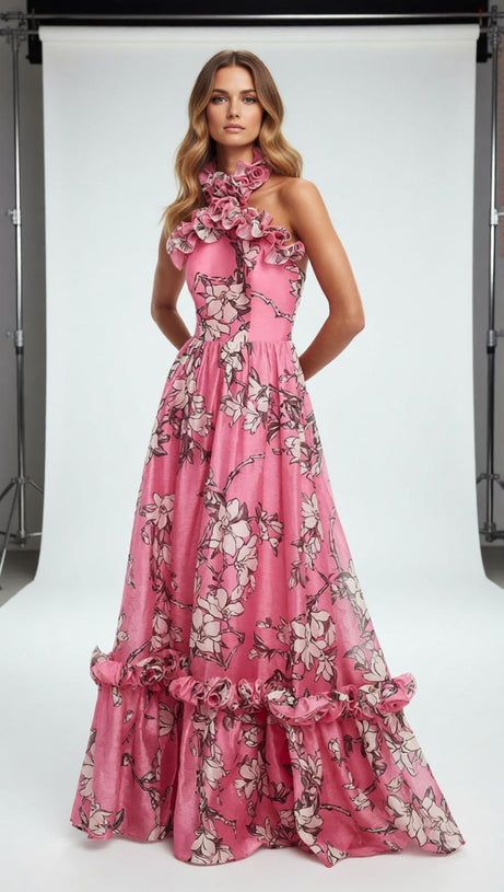 Isabelle Floral Ruffled Halter Maxi Dress - Vibrant Pink Elegance