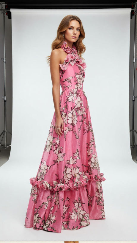 Isabelle Floral Ruffled Halter Maxi Dress - Vibrant Pink Elegance