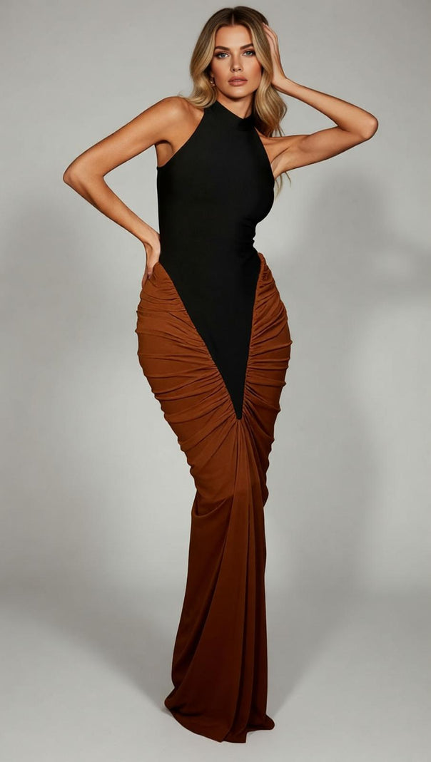AIIZIE Chic Two-Tone Ruched V-Neck Bandage Maxi Dress - Black & Brown - product image