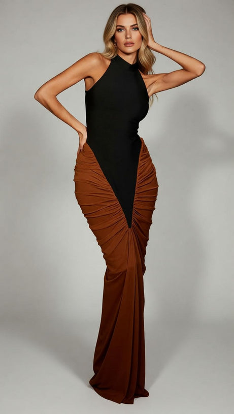 Chic Two-Tone Ruched V-Neck Bandage Maxi Dress - Black & Brown