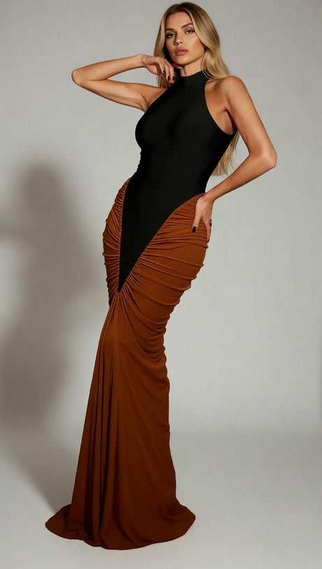 Chic Two-Tone Ruched V-Neck Bandage Maxi Dress - Black & Brown