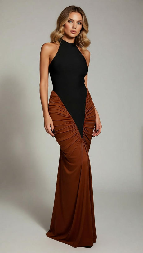 Chic Two-Tone Ruched V-Neck Bandage Maxi Dress - Black & Brown