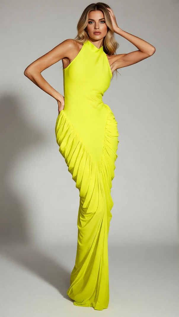 Isobaria Neon Yellow Halter Ruched Bandage Maxi Dress