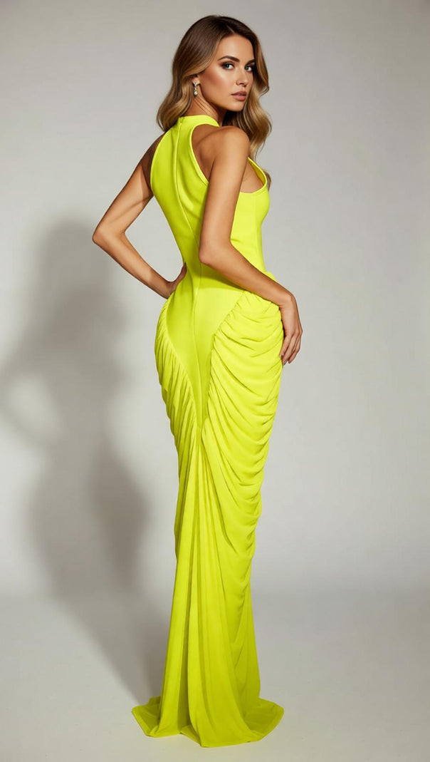 AIIZIE Isobaria Neon Yellow Halter Ruched Bandage Maxi Dress - Show-Stopping Glamour - product image