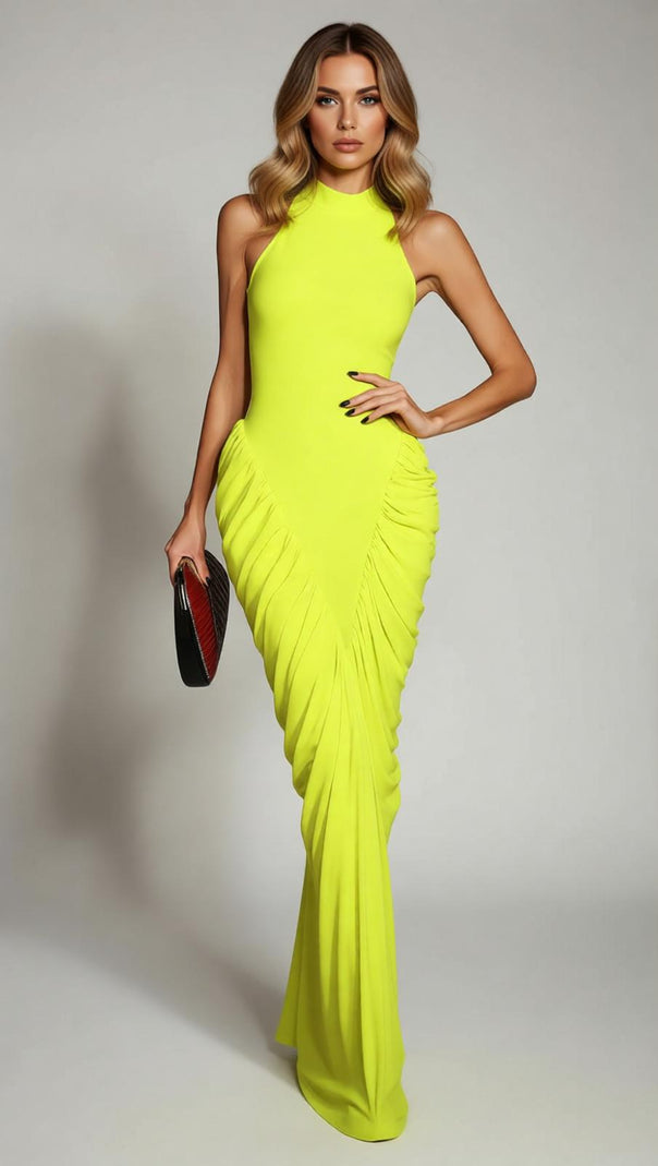 AIIZIE Isobaria Neon Yellow Halter Ruched Bandage Maxi Dress - Show-Stopping Glamour - product image