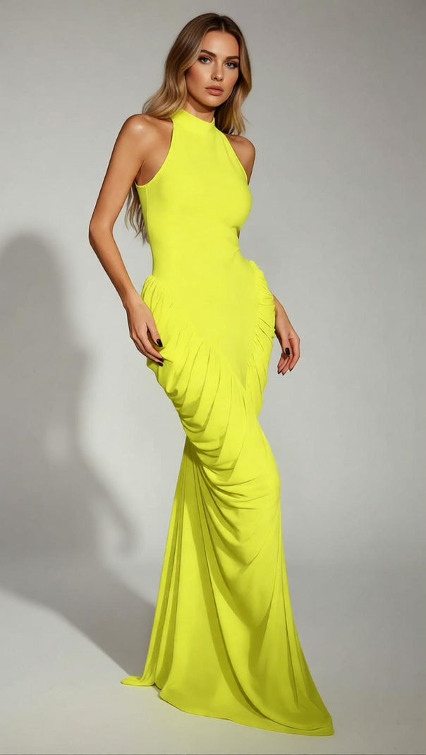 AIIZIE Isobaria Neon Yellow Halter Ruched Bandage Maxi Dress - Show-Stopping Glamour - product image