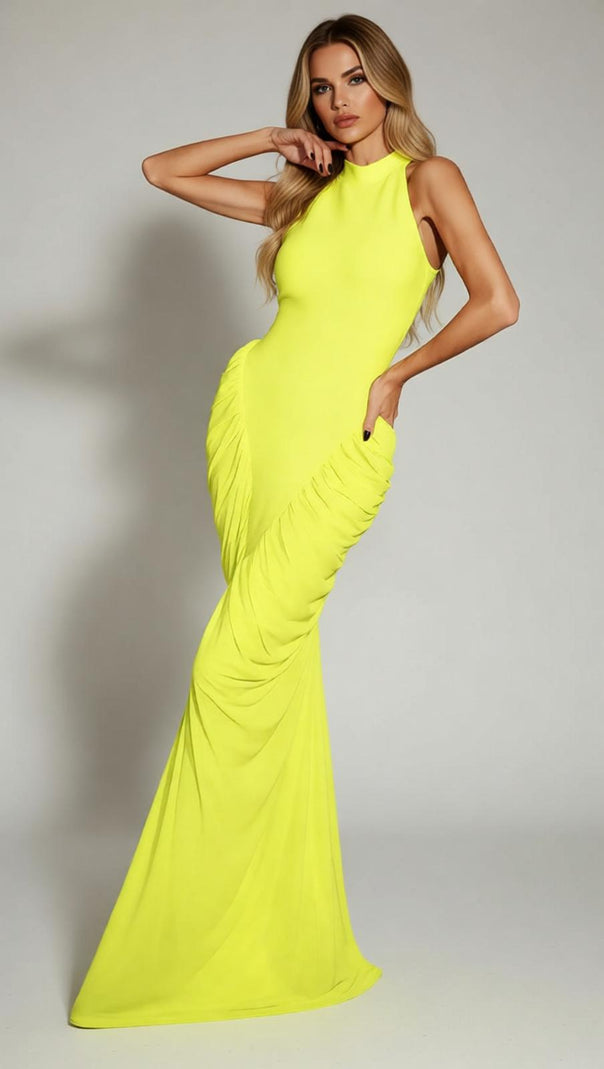 AIIZIE Isobaria Neon Yellow Halter Ruched Bandage Maxi Dress - Show-Stopping Glamour - product image