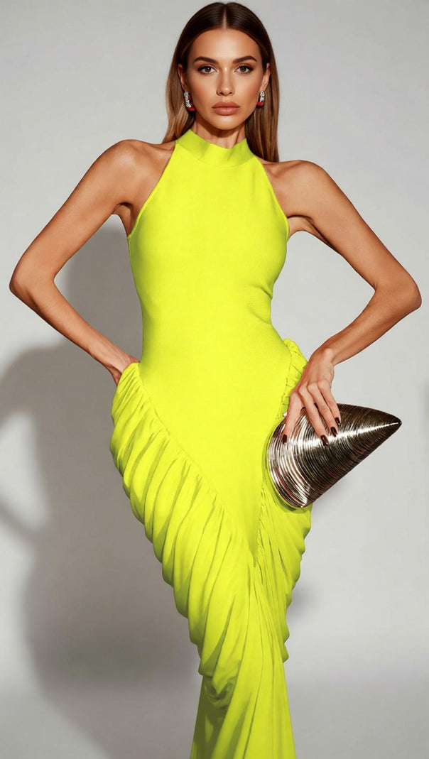 AIIZIE Isobaria Neon Yellow Halter Ruched Bandage Maxi Dress - Show-Stopping Glamour - product image