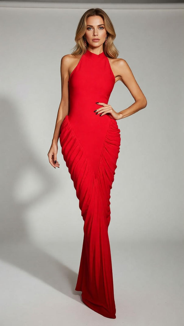 Isobaria Red Ruched Halter Bandage Maxi Dress - Show-Stopping Evening Gown