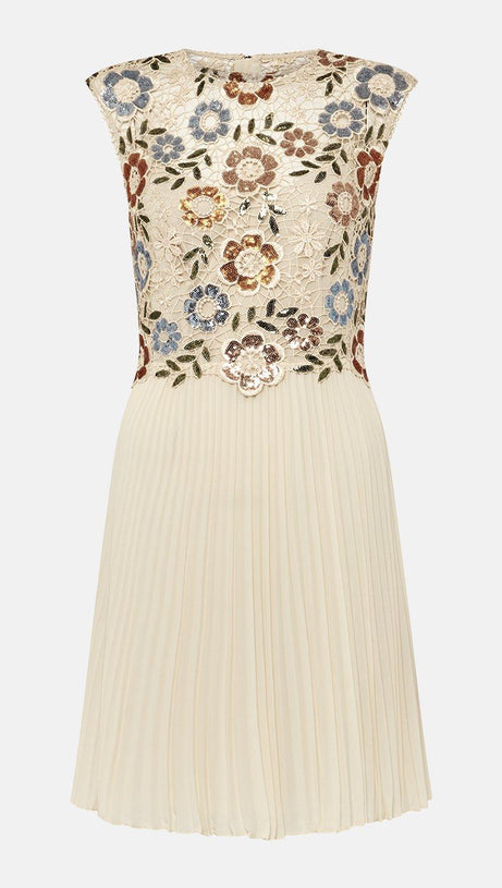 SEQUIN LACE FLORAL MINI DRESS IN APRICOT