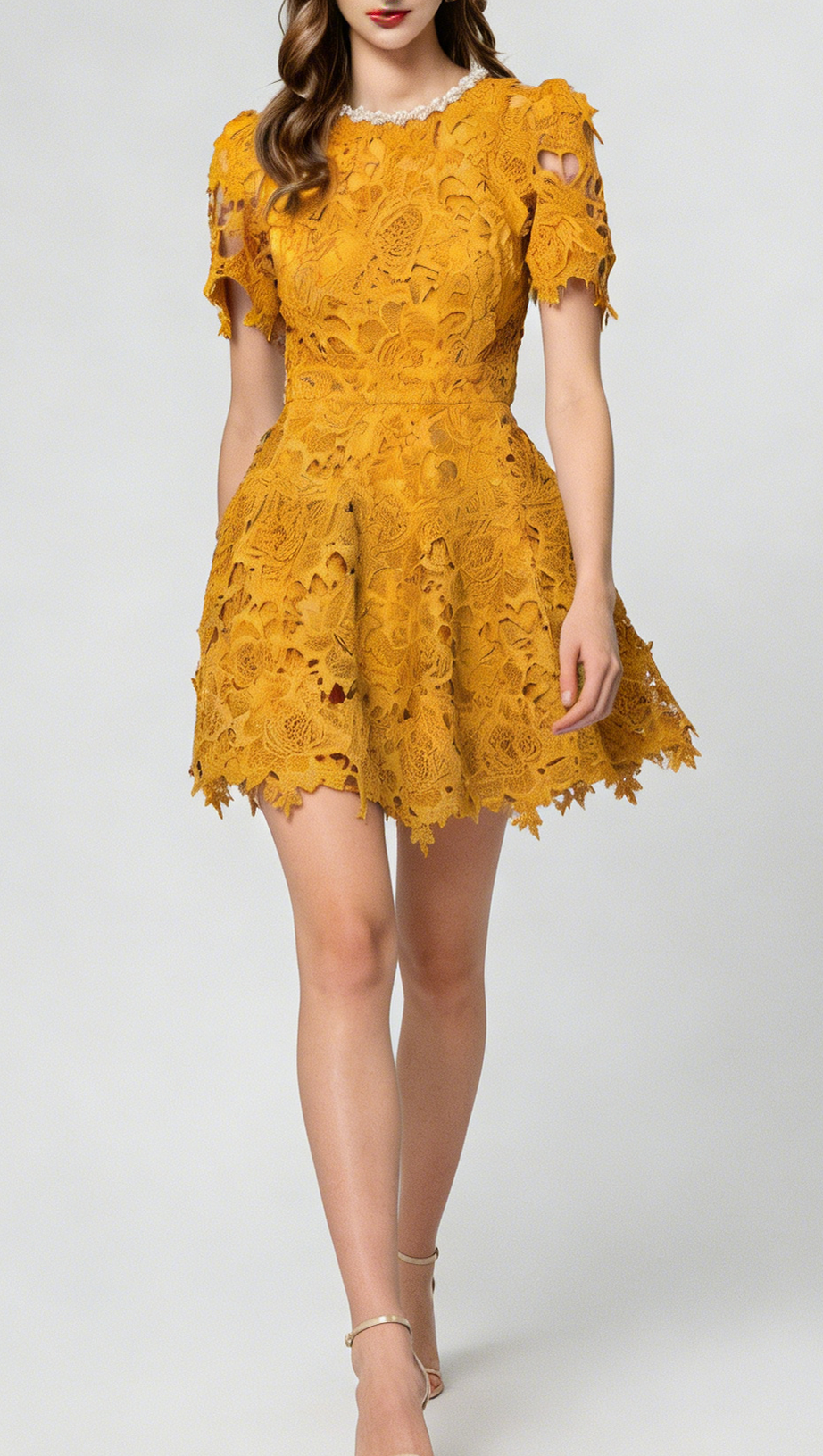 sylvia orange Beaded hollow crochet mini dress