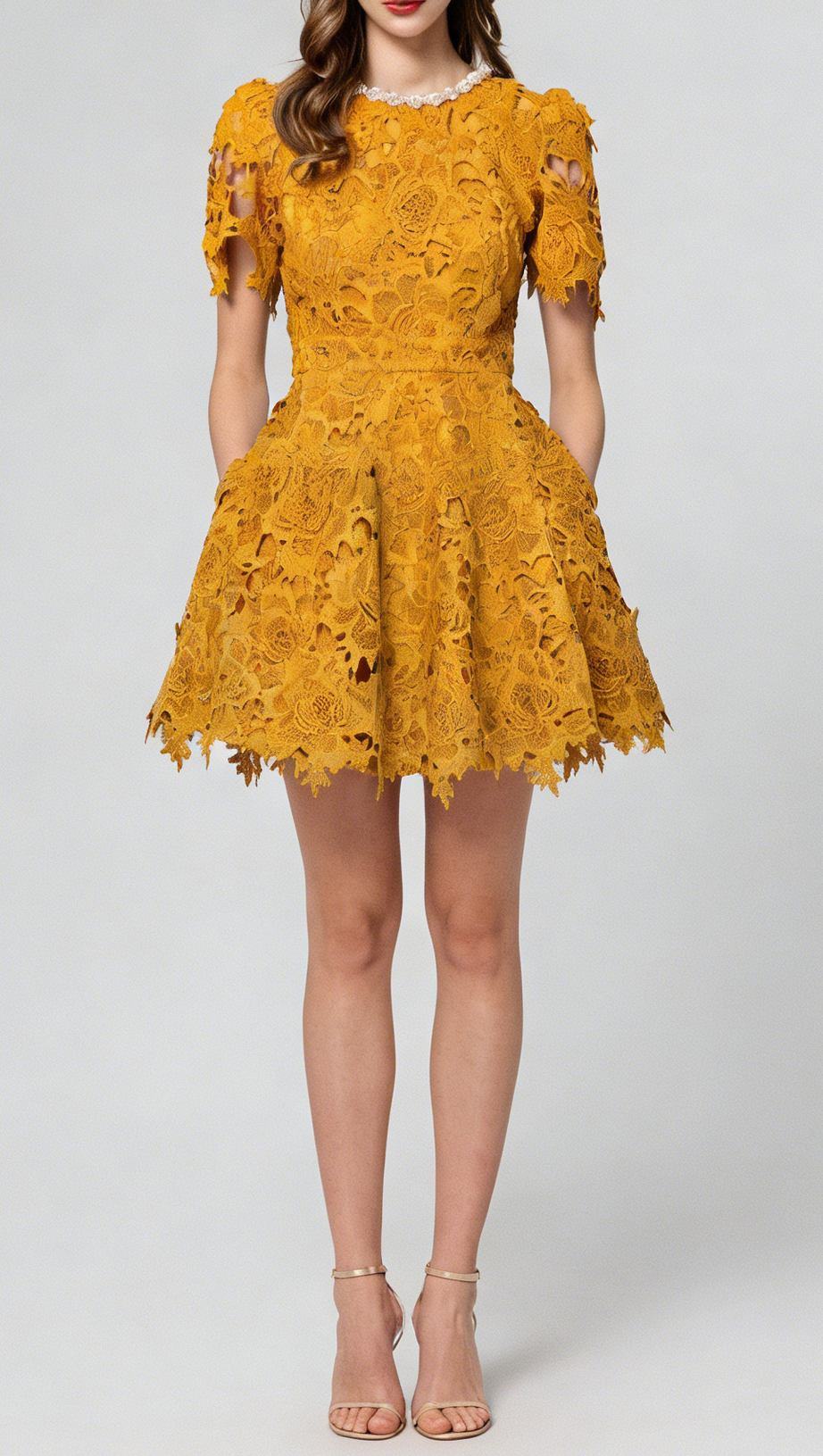 sylvia orange Beaded hollow crochet mini dress