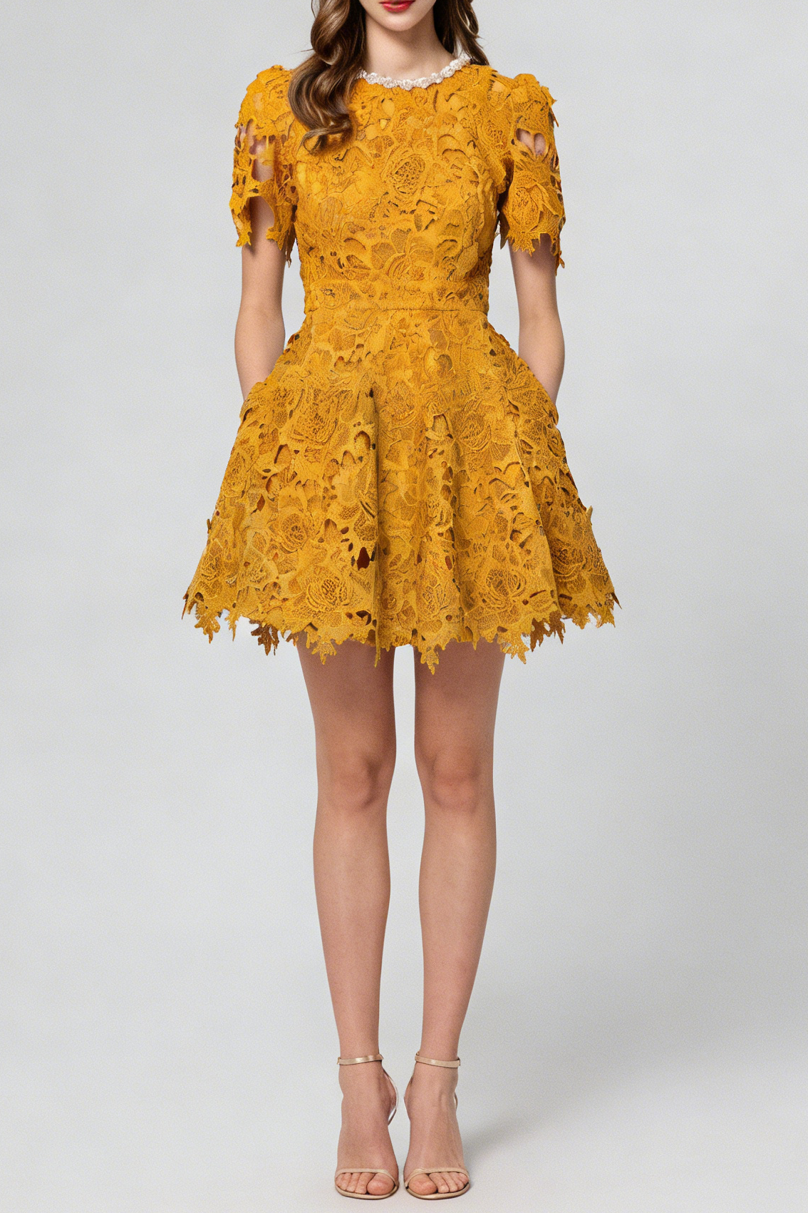 sylvia orange Beaded hollow crochet mini dress