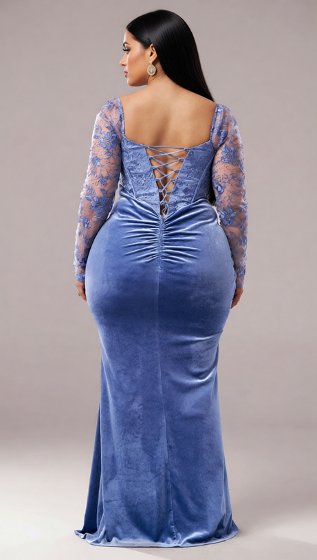 Jaan Periwinkle Blue Velvet & Lace Plus Size Long Sleeve Maxi Gown