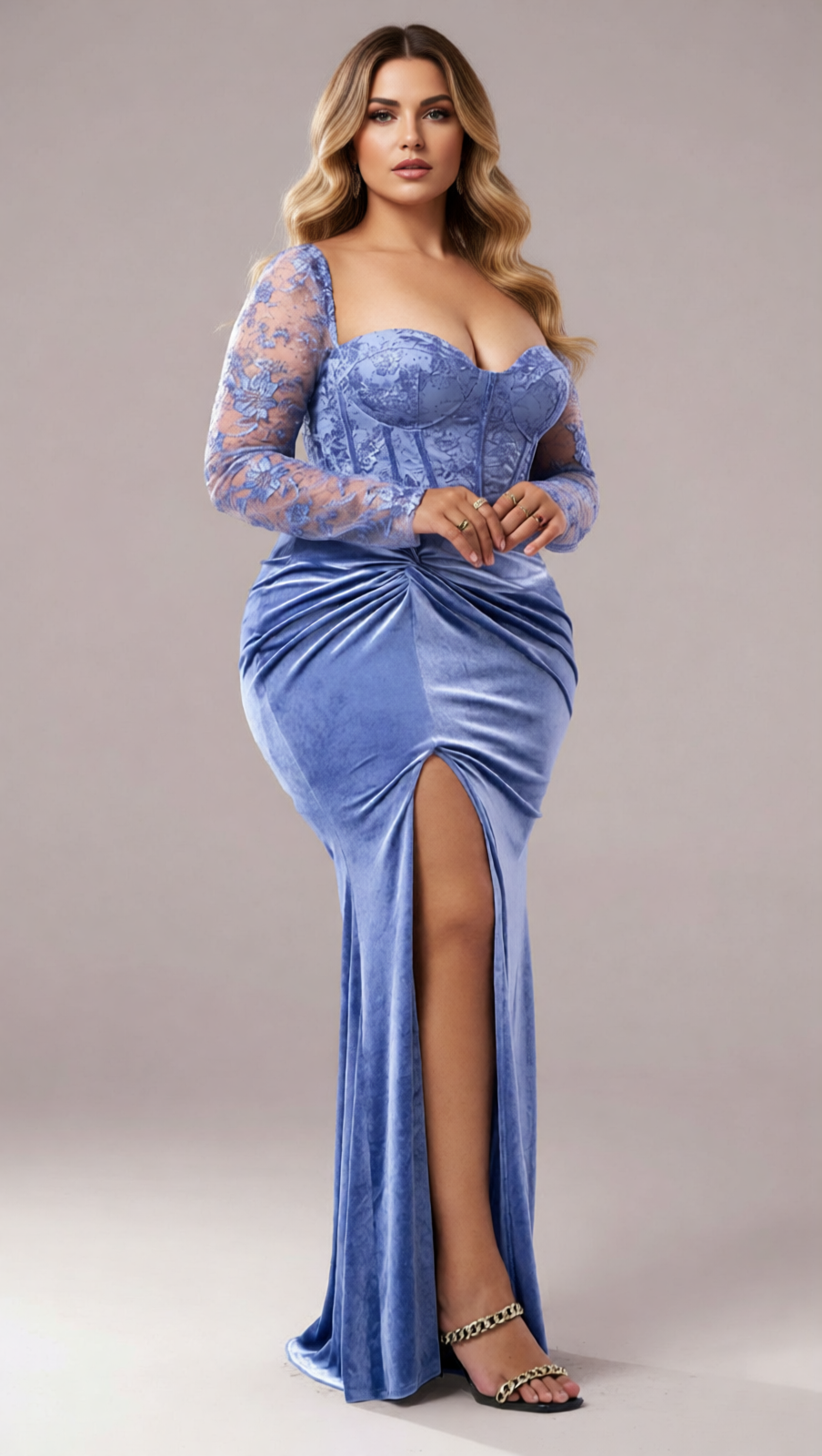 Jaan Periwinkle Blue Velvet & Lace Plus Size Long Sleeve Maxi Gown