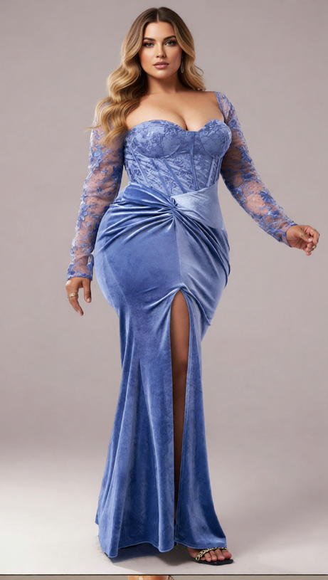 Jaan Periwinkle Blue Velvet & Lace Plus Size Long Sleeve Maxi Gown