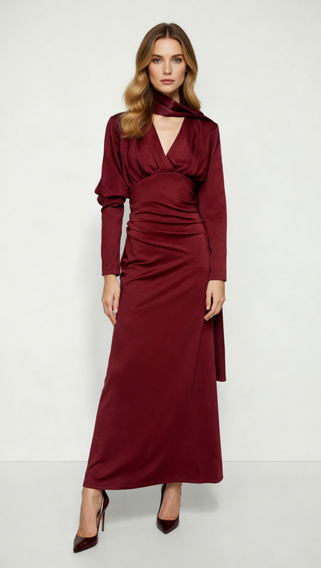 Jaana Elegant V-Neck Satin Long Sleeve Maxi Dress - Luxe Evening Gown