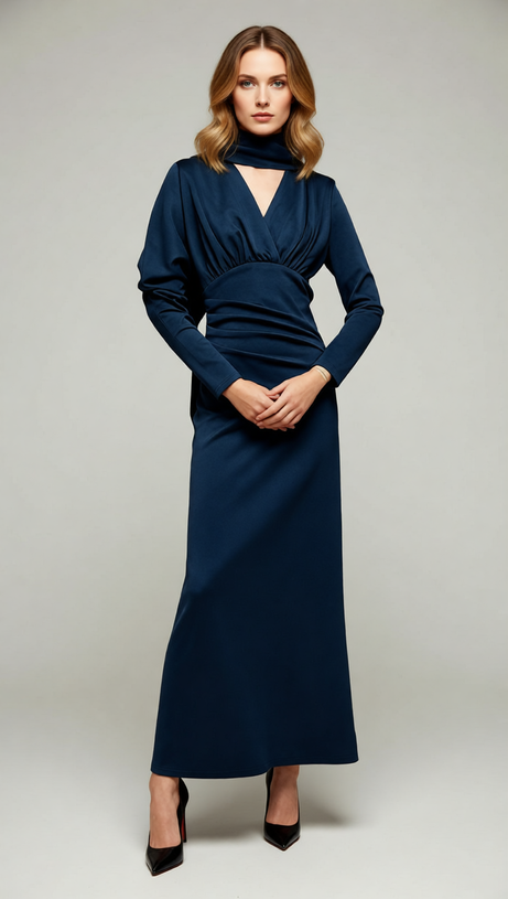 Jaana Elegant V-Neck Satin Long Sleeve Maxi Dress - Luxe Evening Gown