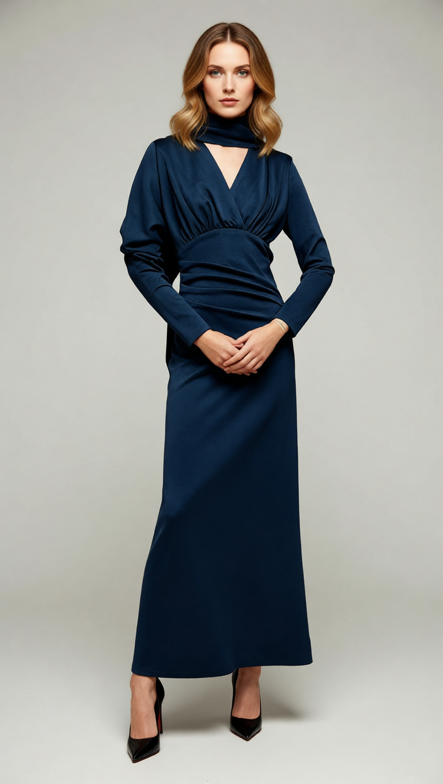 Jaana Elegant V-Neck Satin Long Sleeve Maxi Dress - Luxe Evening Gown