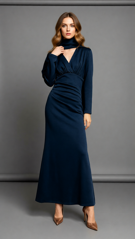 Jaana Elegant V-Neck Satin Long Sleeve Maxi Dress - Luxe Evening Gown