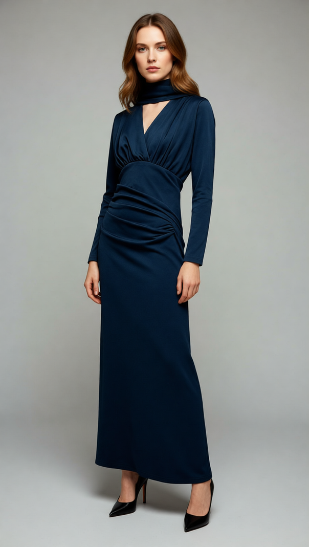 AIIZIE Jaana Elegant V-Neck Satin Long Sleeve Maxi Dress - Luxe Evening Gown - product image