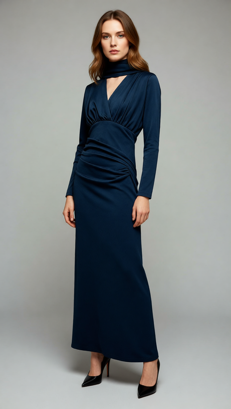 Jaana Elegant V-Neck Satin Long Sleeve Maxi Dress - Luxe Evening Gown