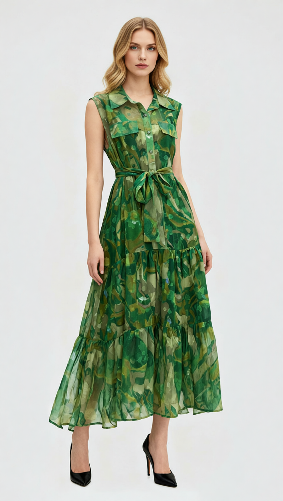 Jaap Vibrant Green Abstract Print Sleeveless Midi Dress - Effortless Shirtdress Style