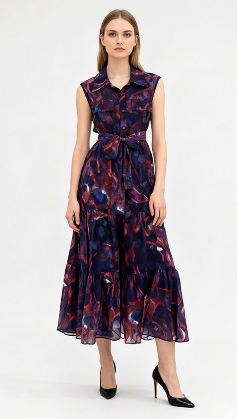 Jaap Vibrant Green Abstract Print Sleeveless Midi Dress - Effortless Shirtdress Style