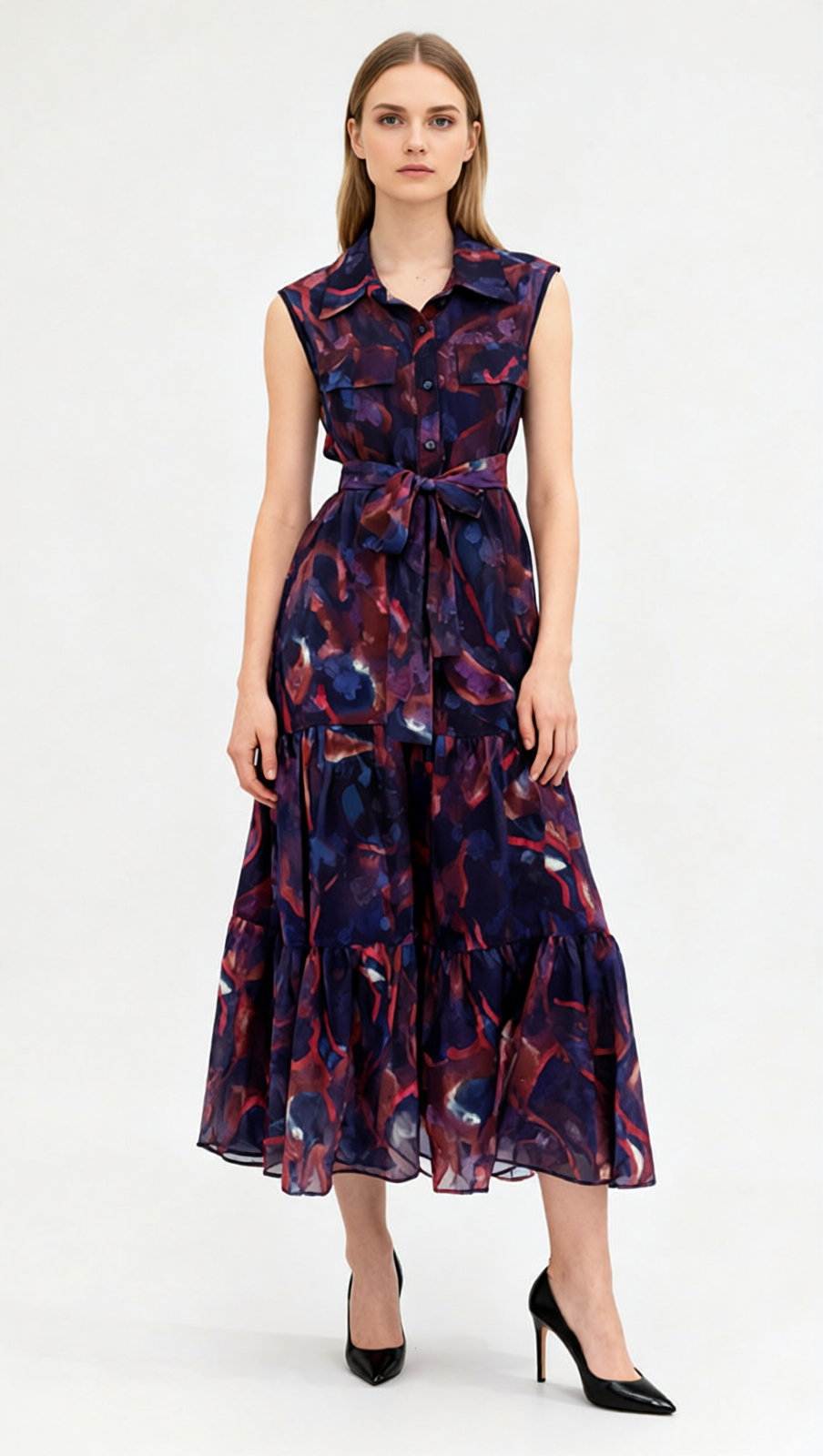 Jaap Vibrant Green Abstract Print Sleeveless Midi Dress - Effortless Shirtdress Style