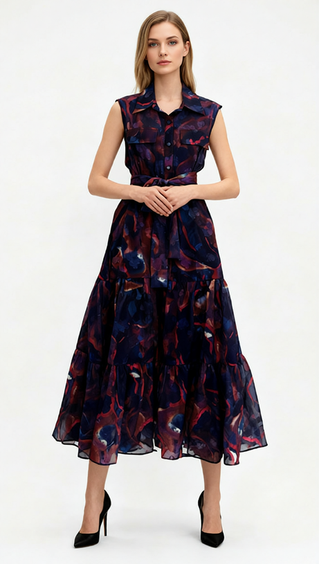 Jaap Vibrant Green Abstract Print Sleeveless Midi Dress - Effortless Shirtdress Style