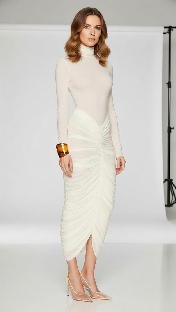Jabbar Sculptural White Ruched Midi Dress | Elegant Long Sleeve Bodycon for Women