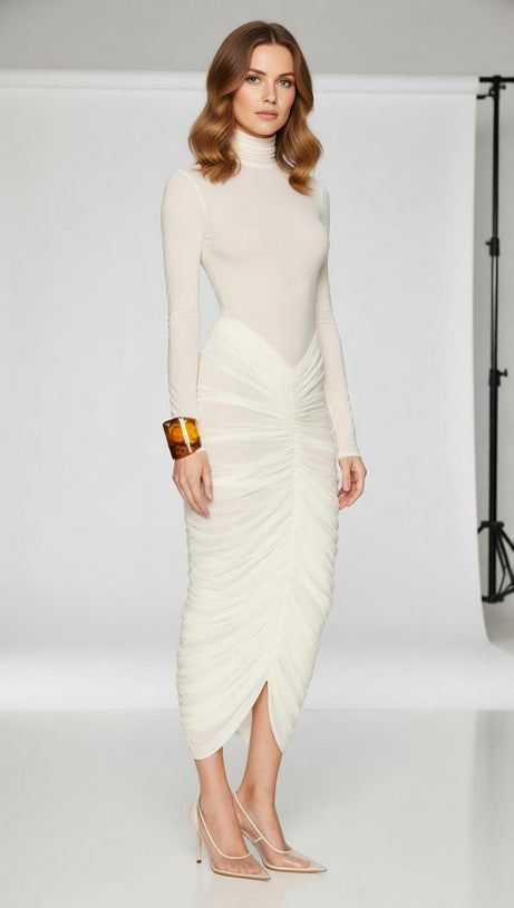 Jabbar Sculptural White Ruched Midi Dress | Elegant Long Sleeve Bodycon for Women