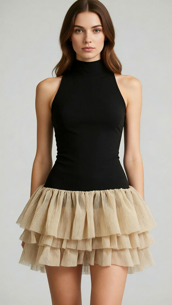 AIIZIE Jacarra Chic Black Halter Turtleneck Ruffle Tiered Mini Dress - product image
