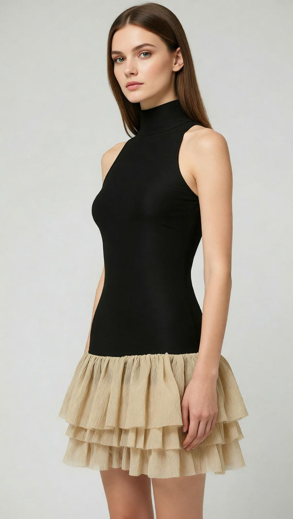 AIIZIE Jacarra Chic Black Halter Turtleneck Ruffle Tiered Mini Dress - product image