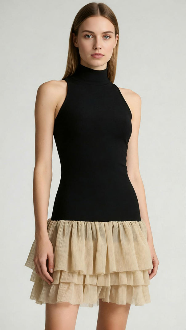 AIIZIE Jacarra Chic Black Halter Turtleneck Ruffle Tiered Mini Dress - product image